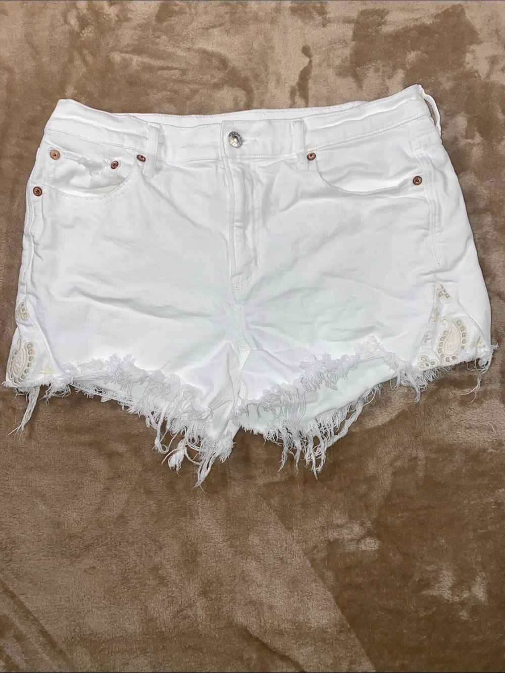 American Eagle Outfitters White Distressed Denim Shorts with Lace Insets